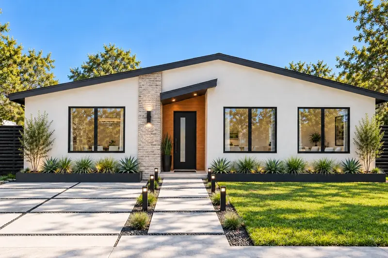 Design rendering of the renovated ranch home exterior: light stucco walls, black framed windows, a brick column, wood clad entry with a black door, and drought tolerant planting beside concrete paver paths