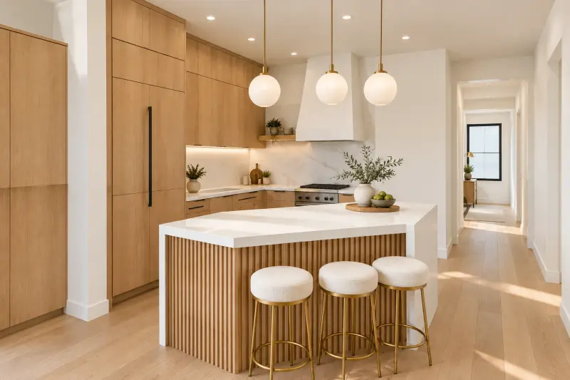 Design rendering of the kitchen with full height oak cabinets, a plaster style range hood, stone backsplash and a fluted island with brass stools