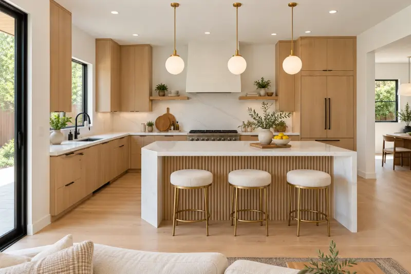 Design rendering of the kitchen seen from the living room: oak cabinets, a stone slab backsplash, a white waterfall island with a fluted base and brass stools, and a sliding door to the yard