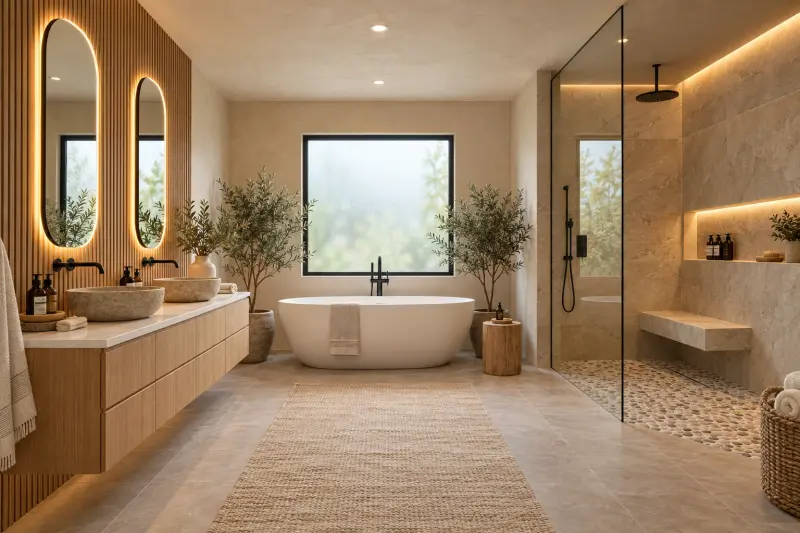 Design rendering of the new primary bathroom: a double floating oak vanity with stone vessel sinks and lit mirrors, a freestanding tub under a window, and a walk-in shower with a bench and lit niche